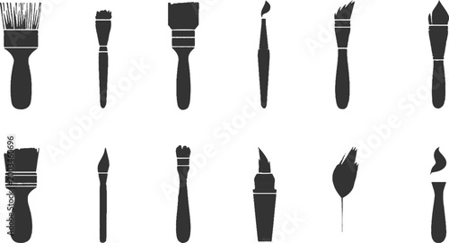 Collection of artist paintbrushes black silhouette icons creative drawing tools vector illustration graphic design elements.