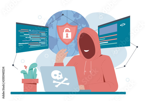 Anonymous hacker concept. Man in red hoody with laptop writes code for suspicious programs. Danger on Internet, virus and malware. Online identity theft. Flat vector illustration