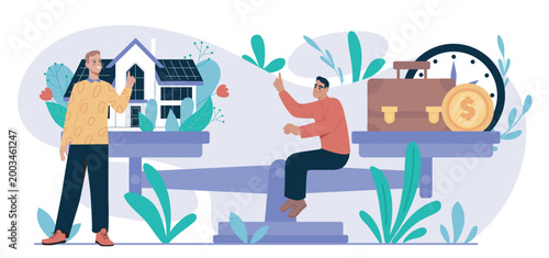 Work and home balance. Men near scales with house and money. Choosing between career and personal life. Prioritization and decision making. Flat vector illustration