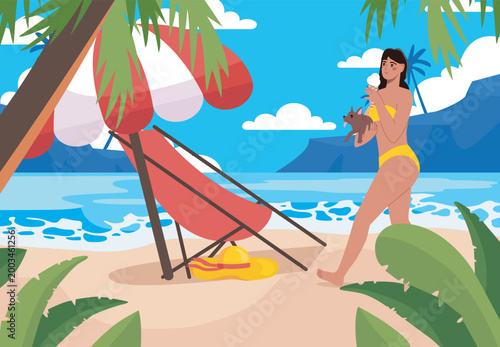 Woman with beach umbrella. Young girl in yellow swimsuit holding dog on coastline near sun lounger. Vacation in paradise. Rest on tropical island. Flat vector illustration