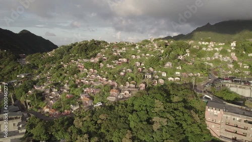Chinese graveyard in Taiwan, Jiufen old town in Ruifang district, aerial drone shot of famous landmark tourist village on the mountain in Taiwan on the east coast of the island facing pacific.