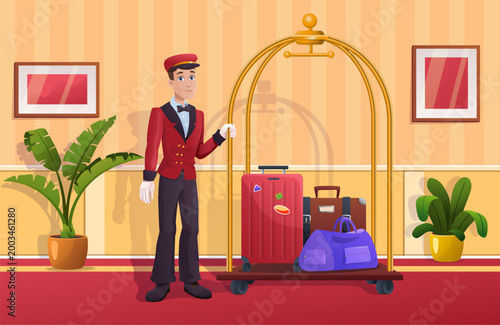 Lobby boy in hotel. Bellboy in red uniform near cart with luggage and baggage. Service for travelers and tourists. Motel worker in hall. Flat vector illustration