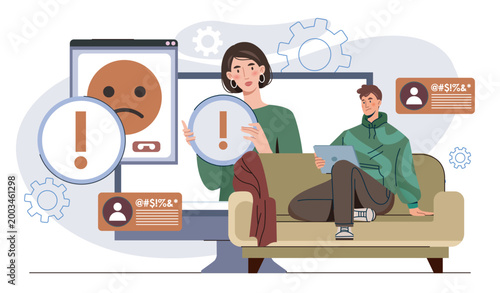 Man suffer from cyber bullying. Young guy sits and reads insults on social media. Mental and psychological problems. Harassment and criticism in comments. Flat vector illustration