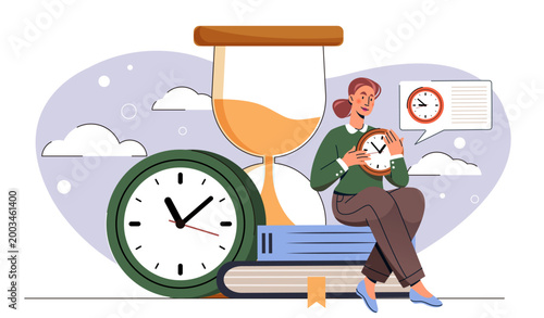 Woman with clock. Young girl sits next to hourglass. Metaphor for time management, planning, and scheduling. Businesswoman organizes effective work process and sets deadlines. Flat vector illustration
