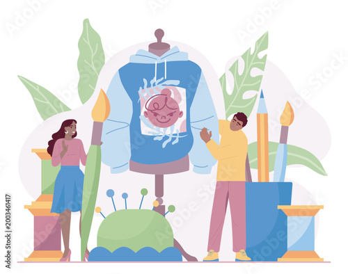 People create fashion designs. Man and woman near mannequin with piece of fabric. Seamstress, atelier or tailor. Needlework or tailoring. Flat vector illustration