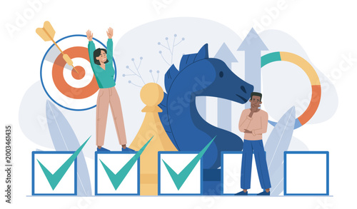 Workers with completed task. Man and woman with checklist. Time management, scheduling and planning. Organizing effective workflow in company. Flat vector illustration