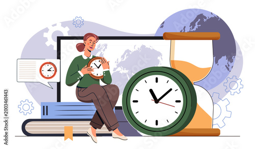 Woman with clock. Young girl sits next to hourglass. Time management and planning. Businesswoman sets goals and deadlines. Notifications for productivity. Flat vector illustration