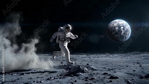 An astronaut jumps through lunar dust with reflective helmet in starfilled black cosmos