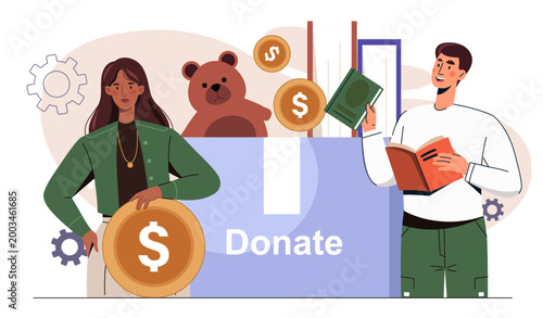 People with donation box. Man and woman near cardboard box with toys and books. Volunteering, kindness and generosity, charity. Humanitarian social work. Flat vector illustration