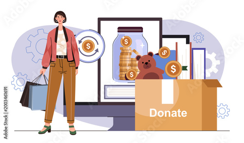 Woman with donation box. Young girl near cardboard box with toys and books. Kindness and generosity, charity. Charitable fund worker. Help and support. Flat vector illustration