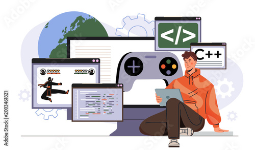Game development concept. Man with tablet near computer and joystick. Gaming and virtual entertainment. Programmer writes code for videogames. Flat vector illustration