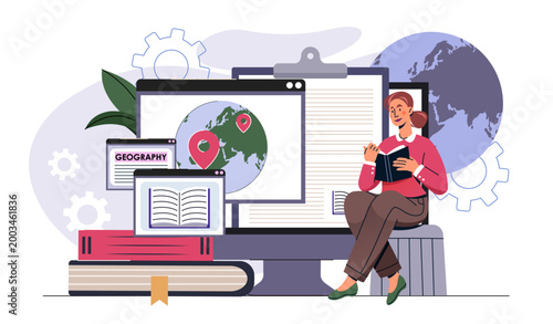 Geography class online. Woman with book near world map. Remote lesson and lecture. Education, learning and training. Teacher on internet. Flat vector illustration