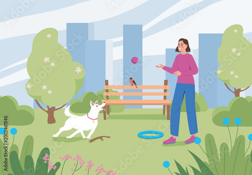Woman playing with dog. Young girl throws ball to white dog. Owner spends time with pet in park. Training and education for domestic animals. Flat vector illustration