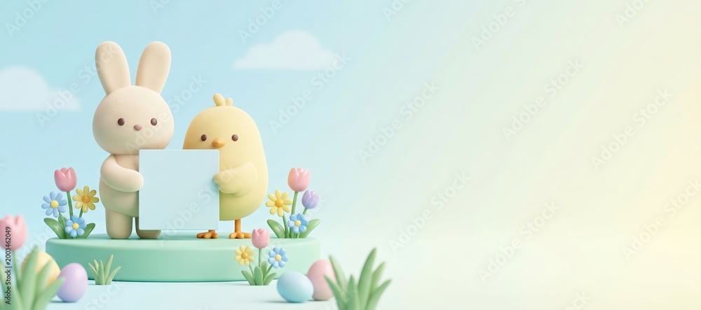 Obraz premium Minimal bunny and chick holding blank pastel greeting card
