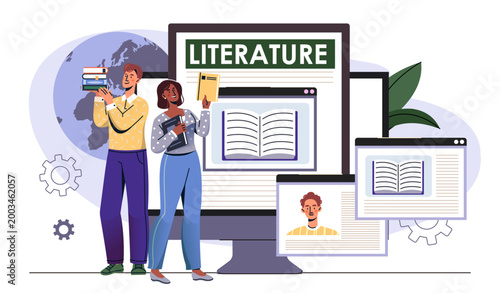 Literature school subject. Woman and man with stack of books in hands. Love of reading. Education and self development. Wisdom and knowledge. Flat vector illustration