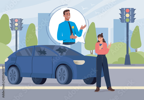 Looter broke car. Woman stands on road next to wrecked car and calls police. Victim of urban vandalism. Crime on city streets. Violence and danger. Flat vector illustration