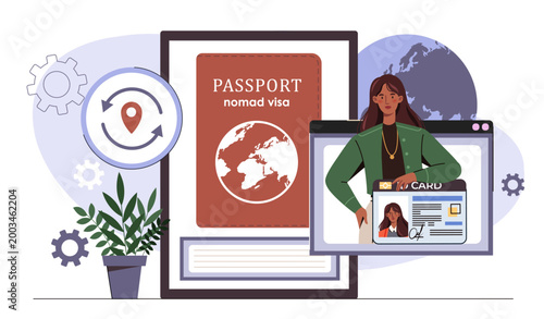Passport nomad visa. Woman with ID card near her passport and world map. International journey and travel. Holiday and vacation, tourism. Flat vector illustration