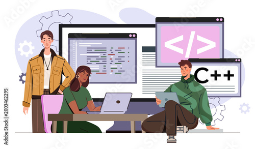 Programmers team concept. Man and woman write code for program or application. Coding and programming. Software development. Coders and it specialists. Flat vector illustration