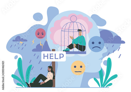 People with psychological problems. Woman under rain and man inside cage. Depression and frustration, loneliness. Mental health care and support. Flat vector illustration
