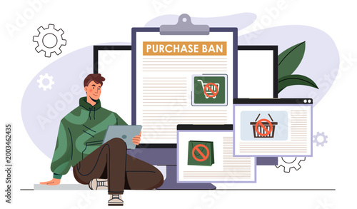 Purchase ban online. Man with tablet tries to make purchase on internet. Users account has been blocked. Problems with payments and transactions. Flat vector illustration