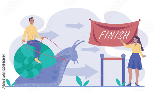 Slow progress concept. Man on snail rides to finish line. Challenge, obstacles and difficulties. Inefficient workflow. Metaphor of stagnation. Flat vector illustration