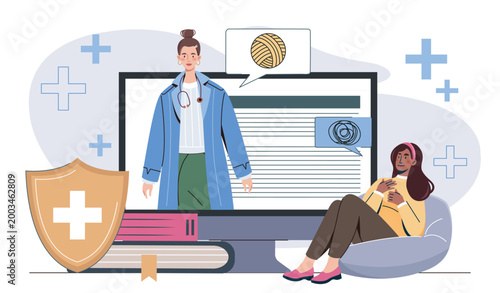 Video call with therapist. Woman communicates with psychologist online. Caring for mental and psychological health. Advice from psychotherapist. Flat vector illustration