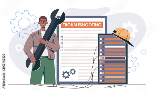 Online troubleshooting concept. Man with wrench near checklist and computer servers. Remote technician service. Maintenance work. Flat vector illustration