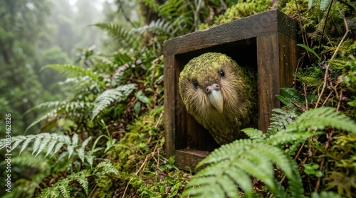 Kakapo Parrot Perches in Wooden Box in New Zealand Forest