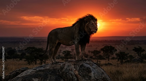 Lion Standing on Rock During an African Sunset