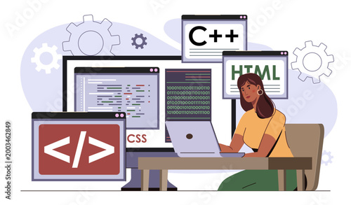 Web development concept. Woman with laptop coding for web page or website. Programmer and IT specialist write code for application. Backend developer. Flat vector illustration