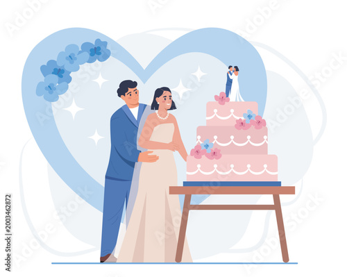 People with wedding cake. Man in suit and woman in dress stand near cake. Romance and love. Bride and groom, husband and wife at marriage ceremony. Flat vector illustration