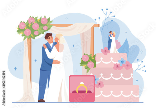 Wedding party concept. Man in suit and woman in dress stand near cake and golden ring. Bride and groom at marriage ceremony. Wife and husband. Flat vector illustration