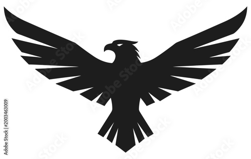 Black silhouette of an eagle flying with wings spread, isolated on transparent background, powerful bird of prey symbol.