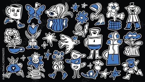Whimsical Retro Botanical & Coffee Doodle Character Collection. Vector Illustration Set.