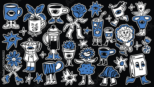 Whimsical Retro Botanical & Coffee Doodle Character Collection. Vector Illustration Set.