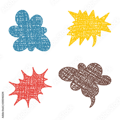 Colorful wax crayon speech bubbles with rough scribble texture.