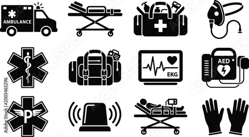 Medical emergency icons, ambulance symbols, healthcare signs, first aid vector graphics