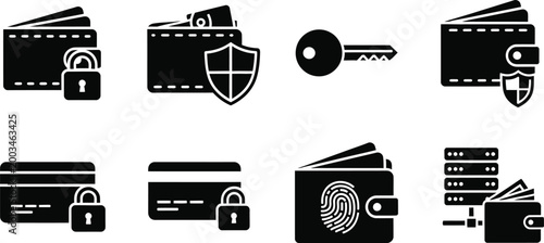 Black icons of secure payment methods and financial security symbols on white background