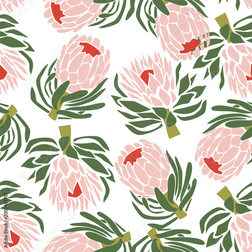 Minimalist pastel pink hand drawn protea seamless pattern 