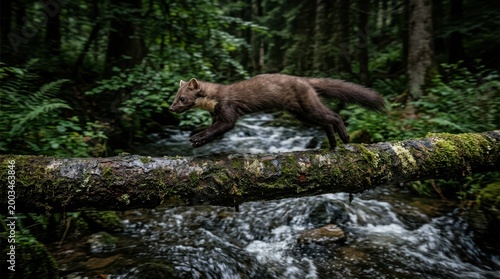 Pine Marten Jumps over a Mossy Log in a Woodland Stream