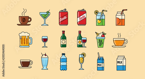 Variety of beverage icons on yellow background