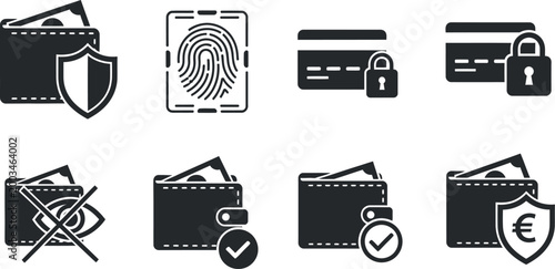 Set of black and white icons representing secure financial transactions and online safety measures with wallets and credit cards