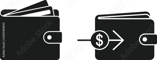 Two black wallets with money and dollar sign on transparent background for finance concepts  money transfer and storage