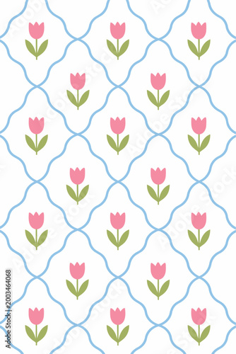Trellis Tulip Background Garden Flower Pattern Design Tulips Flowers Diamond Shaped Cute Pretty Whimsical Vector Print Summer Spring Design