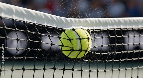 Tennis ball hitting the net during a match with water droplets flying
