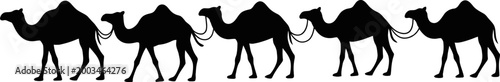 Silhouette of a camel caravan walking in a line against a white background