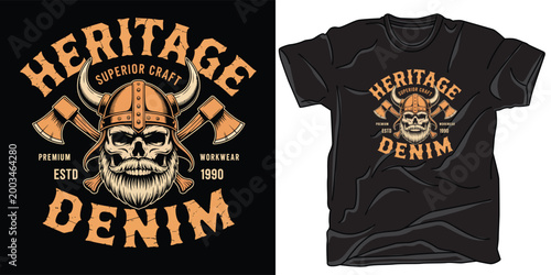 Vintage style viking skull with axes and beard design printed on a black cotton casual t-shirt mockup