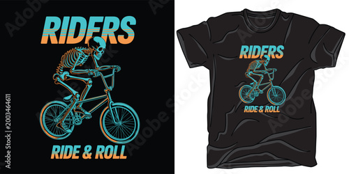 Skeleton rider on a bmx bike with retro neon typography design for t-shirt apparel print graphic