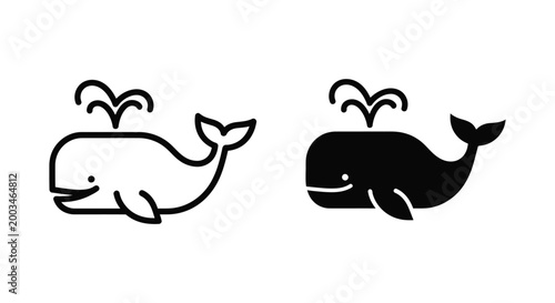 Minimalist whale vector icon set with outline and solid fill variations representing marine life and ocean conservation
