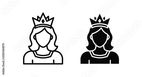 Elegant queen or princess avatar vector icon set with crown in outline and solid fill variations for royalty